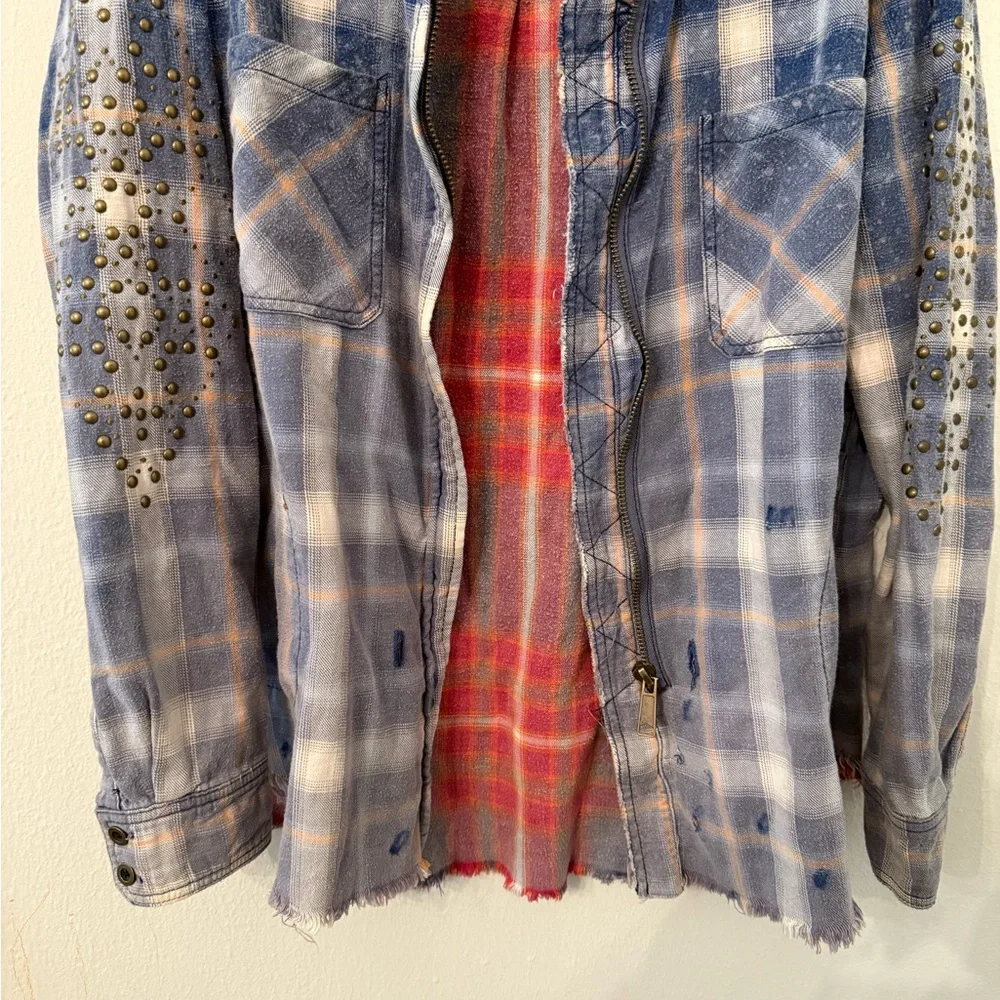 Free People Blue Plaid Jacket with Studded Sleeves - Picture 2 of 5
